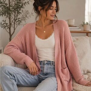 Universal Thread 100% Cotton Cozy Open-Front Pink Ribbed Cardigan Sweater